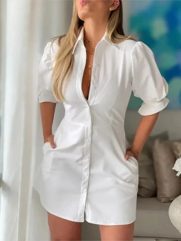 Women's Elegant White Blouses Dress Turn-down Collar Mini Dress Casual Office High Waist Slim Dresses Women Clothes Summer New