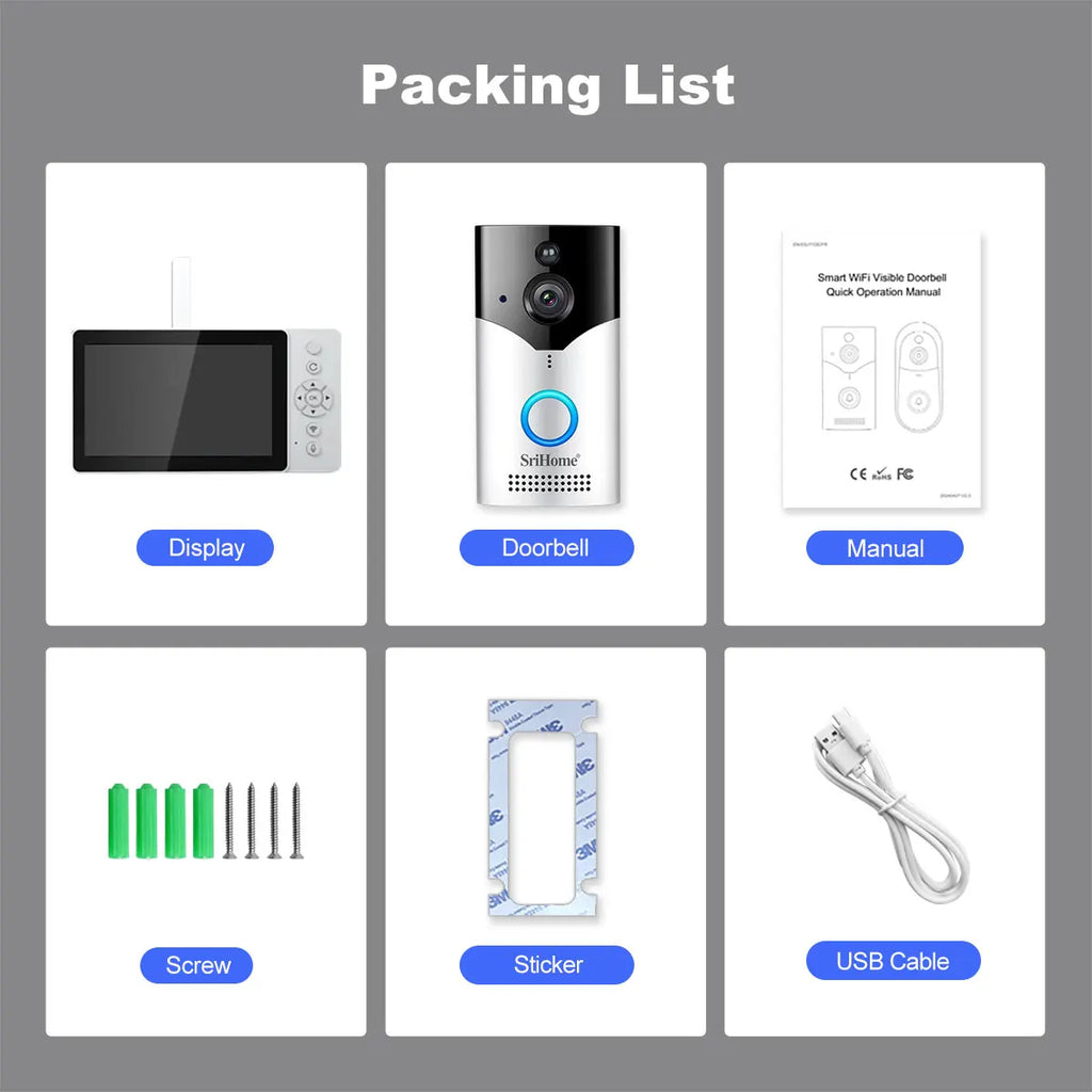 Srihome SH054 5Inch Screen 4MP 1440p Wireless WIFI Doorbell 120Degree Wide Angle Video Door Phone Visual Door Viewer Camera