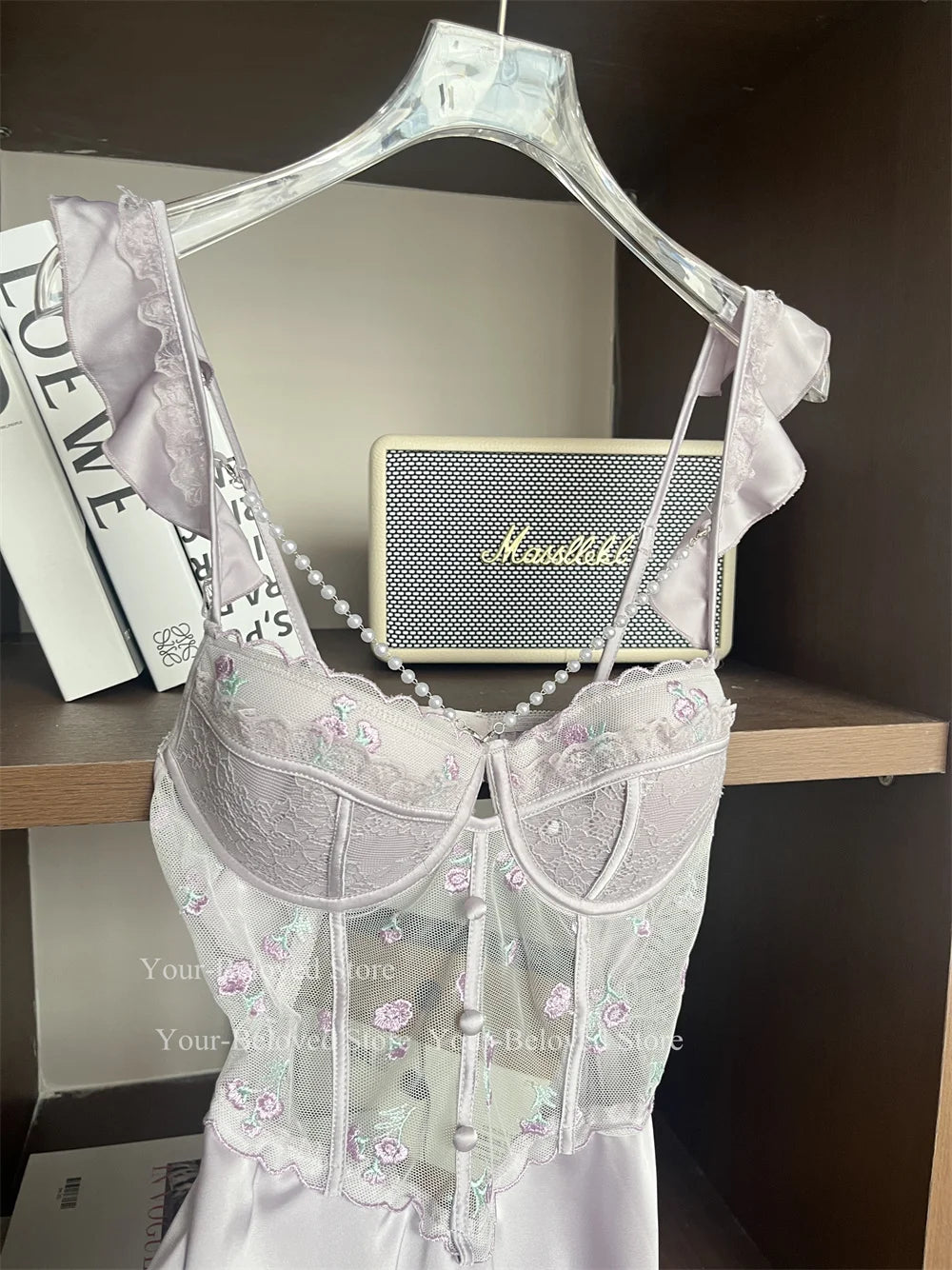 Women Home Clothes Sleeping Nightdress White Nightgown Silk Satin Lingerie Embroider Flower Chemise Lingerie Summer Robe Suit